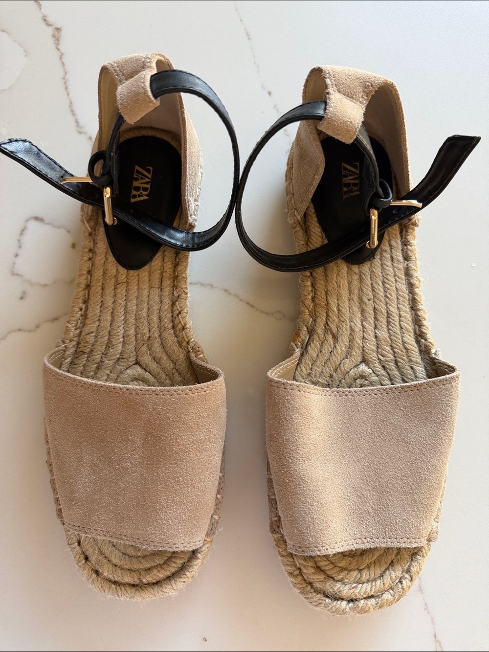 ZARA Beige Suede Espadrille Sandals with Black Ankle Straps